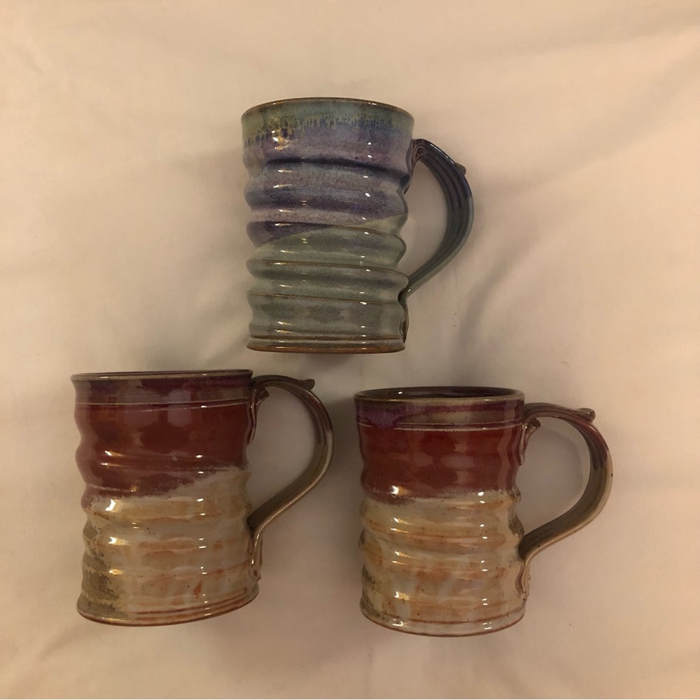 Handcrafted Ceramic Mug - Rustic Multicolor Glaze - Ribbed Brown Orange Unique